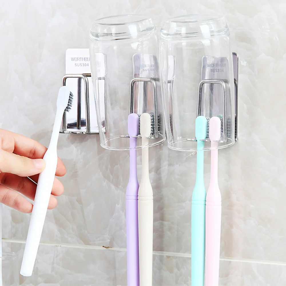 Stainless Steel Toothbrush Holder Organizer Hook Self-adhesive Toothbrush Holder Wall Mount Tooth Brush Mug Bathroom Supplies