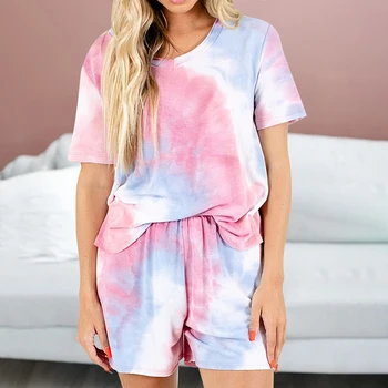 

Fashion Tie Dye Printed Pajamas Set 2pcs Print T Shirt And Shorts Summer Set Loungewear Nightwear Sleepwear Homewear