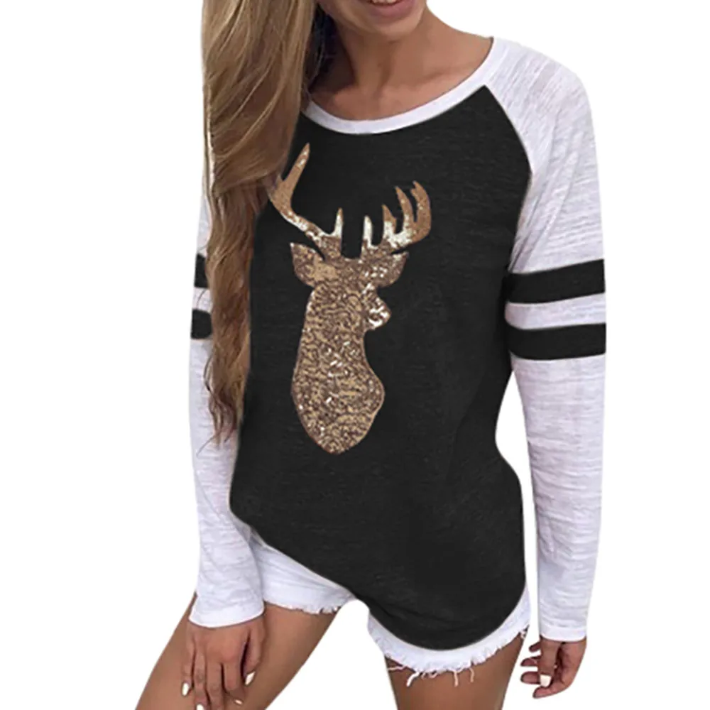 Plus Size S-5XL Christmas Tops Women T-shirt Elk Print Xmas Long Sleeve Happy Tops T Shirt Winter Female Roupas Feminina T-shirt