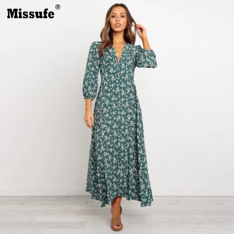 

Missufe Print Dress 2019 Women Vintage Long Beach Dress Loose Seven Quarter Sleeve Deep V-neck A-line Sexy Party Dress Vestidos