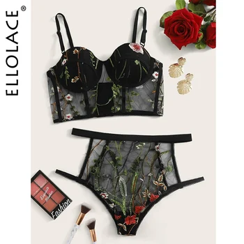 

Ellolace Embroidery Lingerie Set Transparent Women's Underwear See Through Lace Bra and Party Set Lingeries Set Women