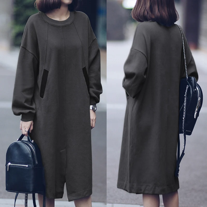 

Celmia Long Sweatshirts Dress Vintage Women Casual Long Sleeve Pullover Midi Dresses 2019 Autumn Loose Split Vestidos Plus Size
