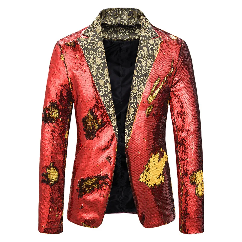 

Men's Casual Glitter Suit Blazer Jacket Men New Flower Lapel 2 Color Conversion Blazer Men Nightclub Stage Singers Blazer Hombre