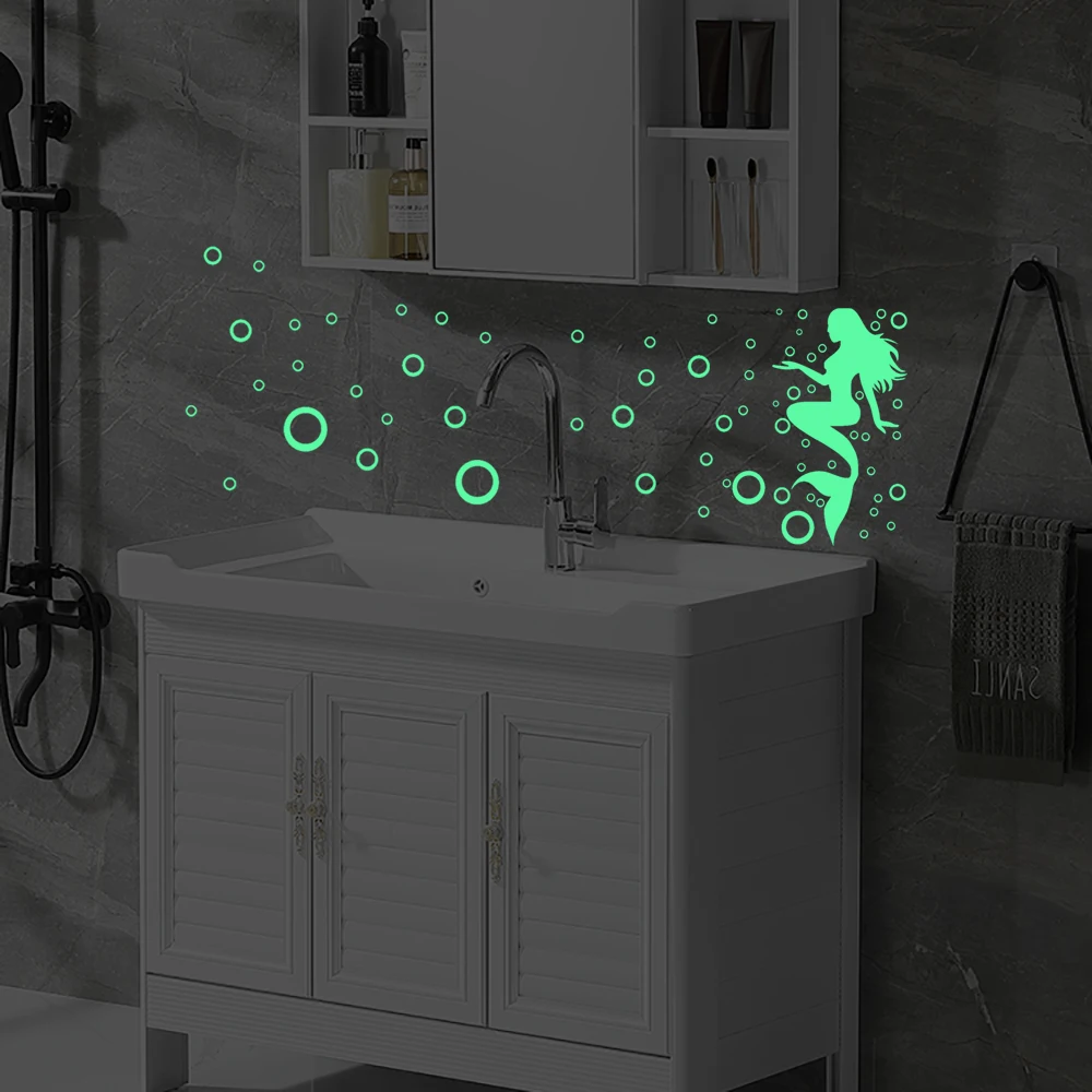 Luminous Bubble Mermaid Polka Circle Wall Stickers Kitchen Bathroom Decor Glow in the Dark Wall Decals Peel & Stick Wallpaper