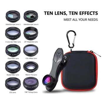 

10 in 1 Phone lens kit universal Fisheye Wide Angle macro Lens Filter Kaleidoscope+2X telescope Lens for smartphone