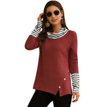 

Women Knitwear Sweater New Spring Autumn Long Sleeve Srtiped Patchwork Irregular Button Tops Casual Female Sweater Knit Pullover