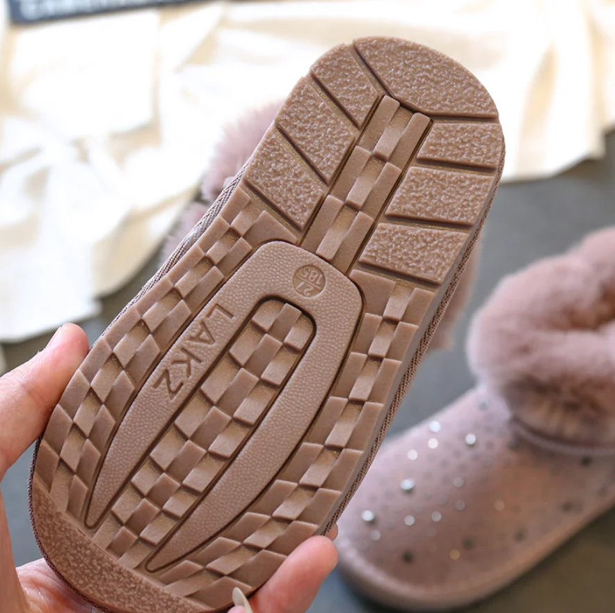 winter kids snow boots baby girls crystal shoes genuine leather fur pink ankle boots school children warm plush boots