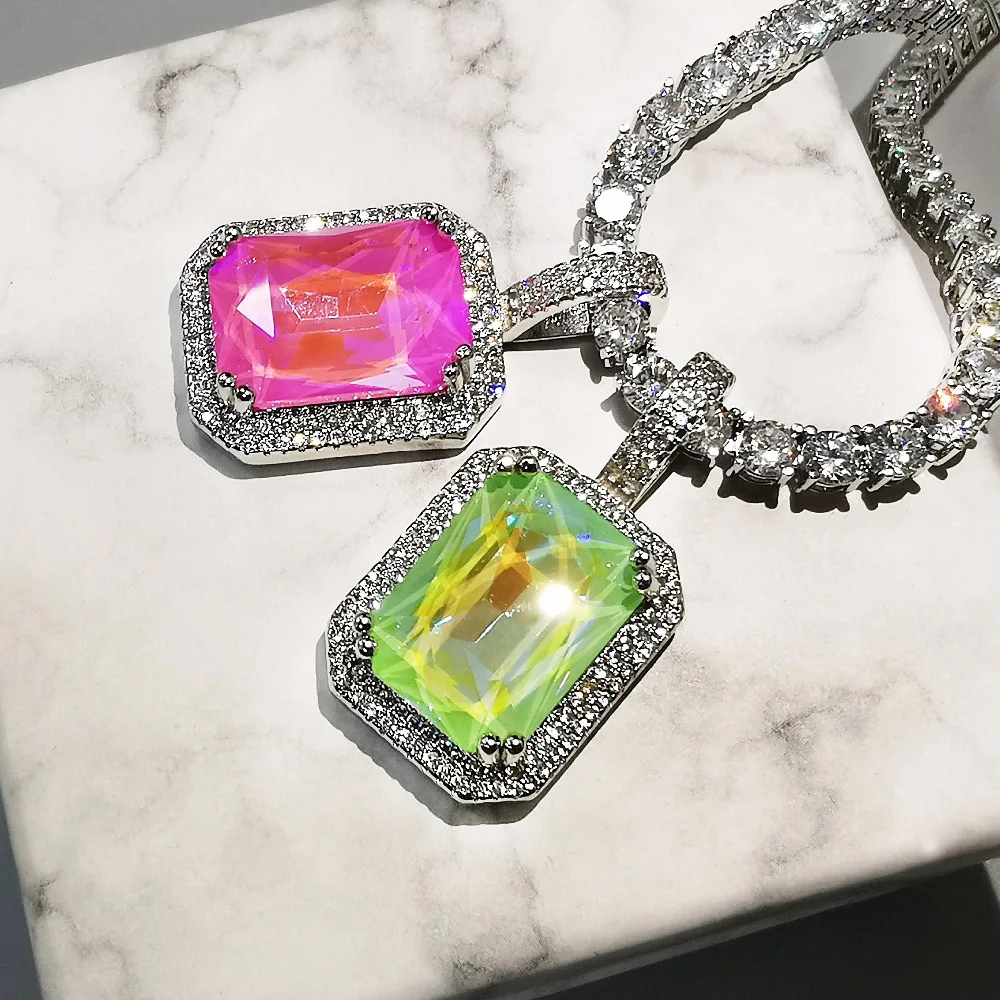 Bling Multicolor Square Pendant Necklace for Men Women Gifts Mocca Colors AAA Zircon Hip Hop Jewelry |