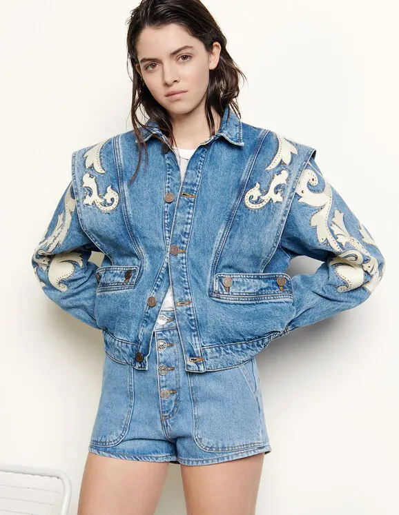 Women Long Sleeve Blue Denim Jacket 2021 Early Spring New Rhinestone Embroidery Lapel Single-breasted Short Coat