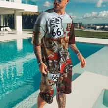 New Summer Fashion Men 3D Printing Pattern T-Shirt Street Personality Trend Wild Loose Oversized Short-Sleeve 2 Piece Suit Tee