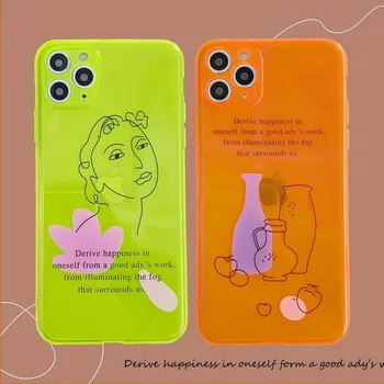 

Neon Fluorescent Solid Color Phone Case For iPhone 11 Pro Max Cartoon Abstract Art Lines Painted Soft Clear Phone Back Cover