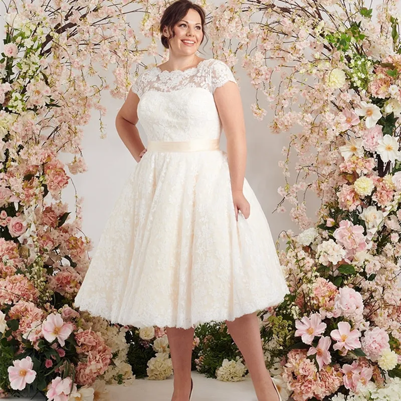 Women's Short Sleeve A-Line Wedding Dress – Lace Tea-Length Ball Gown For Outdoor Brides, Plus Size - View #7