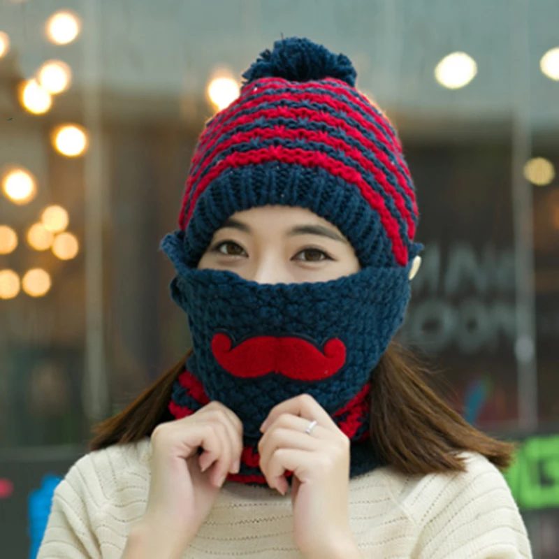 Winter knitted Beanies Hats Women Thick Warm Beanie Skullies Hat Female knit Letter Bonnet Beanie Caps Outdoor Riding Sets - Color: Navy