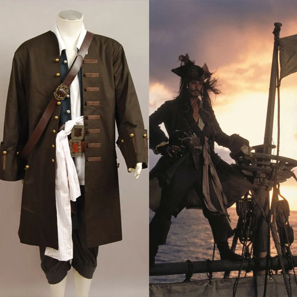 Пиратский костюм Капитан Джек Воробей косплей костюм куртка жилет пояс рубашка брюки полный набор взрослых мужчин Хэллоуин