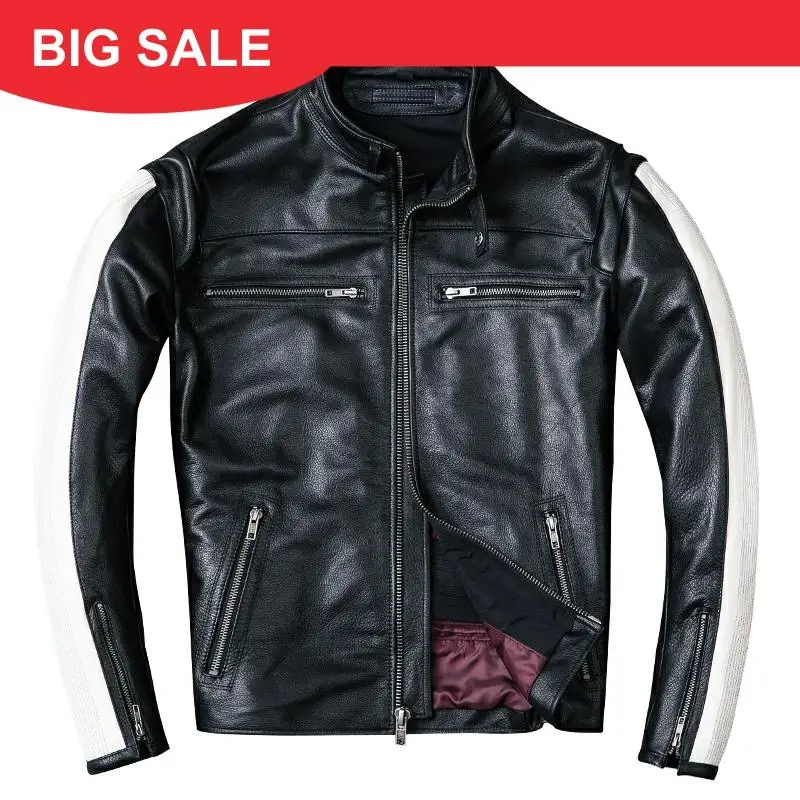 

2020 Black Men Short Genuine Biker's Leather Jacket Plus Size XXXL Thick Cowhide Slim Fit Riding Leather Coat FREE SHIPPING
