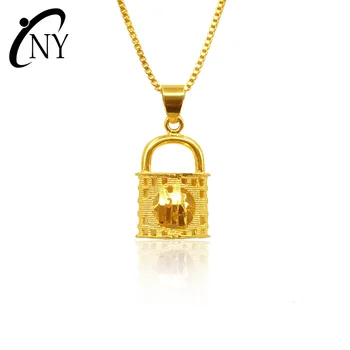 

Korean Fashion 14k Gold Necklace Pendant for Women Wedding Statement Jewelry Chain Hollow Lock Head Lucky Gold Jewelry Gifts
