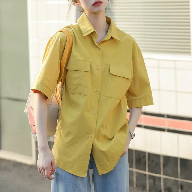 

2020 New Boyfriend Style Loose Pockets Short Sleeve Shirt Women Summer Turn-down Collar Casual Blouse Woman Harajuku Top