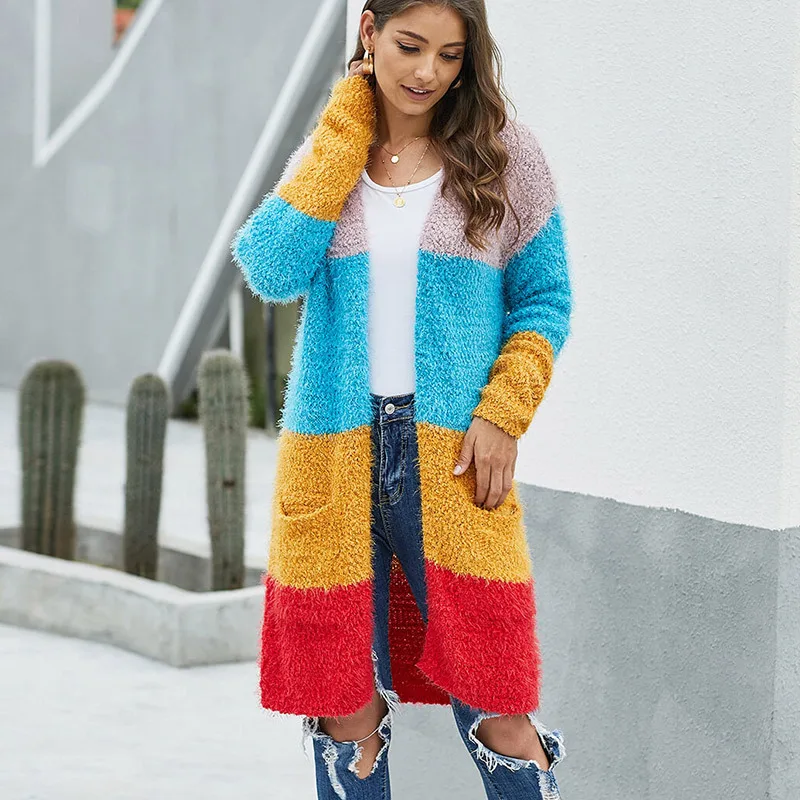 Women's Wear Winter New Pocket Sweater European And American Medium And Long Sleeves Multi-color Stitched Knitted Cardigan Women's Wear Winter New Pocket Sweater European And American Medium And Long Sleeves Multi-color Stitched Knitted Cardigan