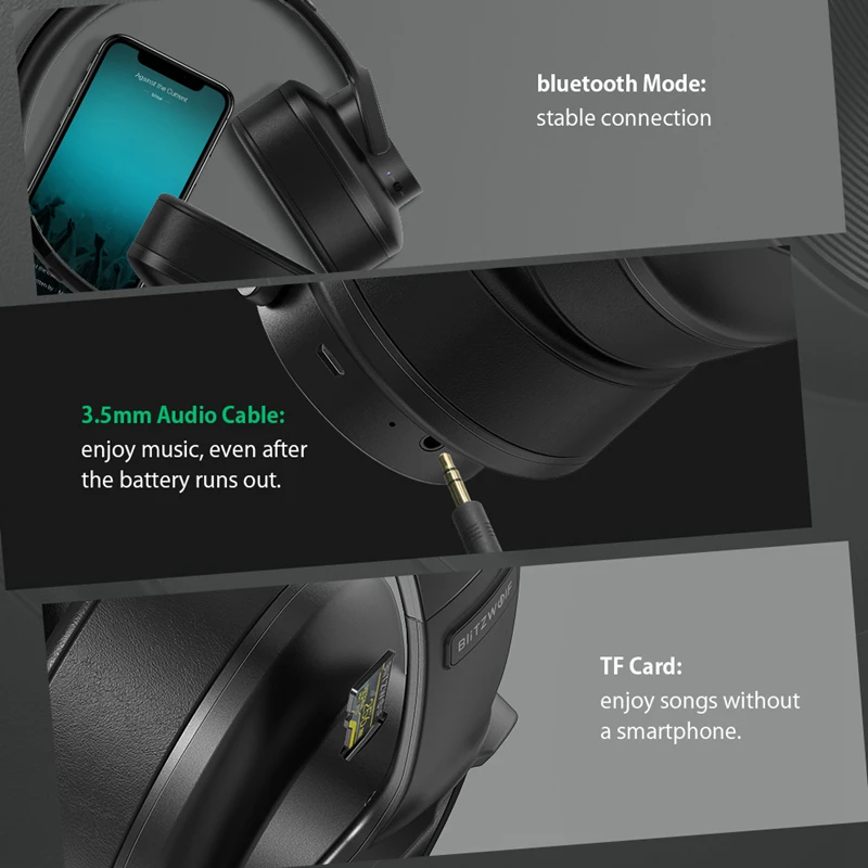 BlitzWolf BW-HP2 Bluetooth V5.0 Headphones Wireless Headset 50mm Driver Touch Control Foldable Over-Ear Gamer Headset with Mic