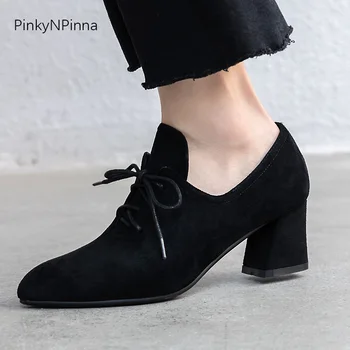 

Chic women faux suede flock pumps mules chunky heels pointed toe pigskin lining soft office lady party dress shoes plus size