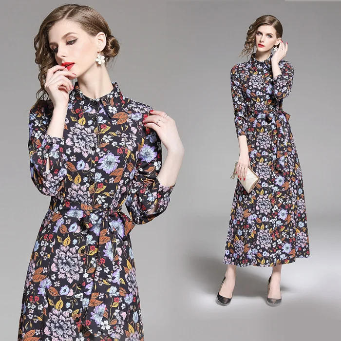

Photo Shoot 2019 Europe And America Dress Women's 2019 Spring And Summer New Style Slit Hemline at Hem Long Sleeve Printed Dress