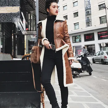 

2019 Autumn Winter Fashion Irregular Parka PU Leather Lamb Wool Plus Size Jacket Winter Long Faux Fur Coat Women Clothing K158