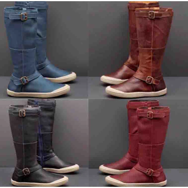 Woman Mid Calf High Boots New Autumn Women Zipper Buckle Flat Shoes Woman's Pu Leather Solid Boots Female Sewing Fashion Causal