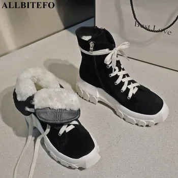 

ALLBITEFO Suitable for cold Siberia winter boots genuine leather real wool keep warm women boots Cross lace platform snow boots
