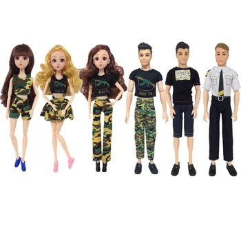 

6 Set/lot Fashion Crop Tops and Pants Army Uniform Clothes for Barbie and For Barbie and Ken Doll Accessories Dressing Up Toys