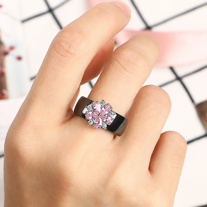 Wedding Rings Silver Rings Silver Ring Female Girls Pink Crystal Geometric Ring Healthy Ceramic Ring Promise Wedding Engagement Rings For Women Best Gifts