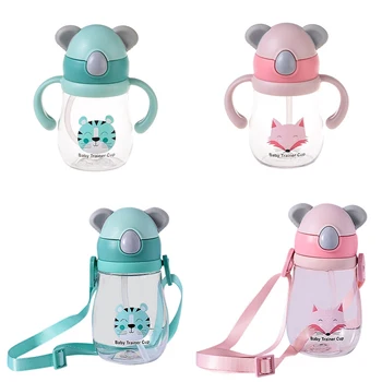 

Kids Children Cartoon Animal School Drinking Water Straw Bottle Straw Sippy Baby Cup With Shoulder Strap 450ml