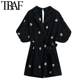 

TRAF Women Chic Fashion Floral Embroidery Playsuits Vintage Crossover V Neck Puff Sleeves Female Short Jumpsuits Mujer