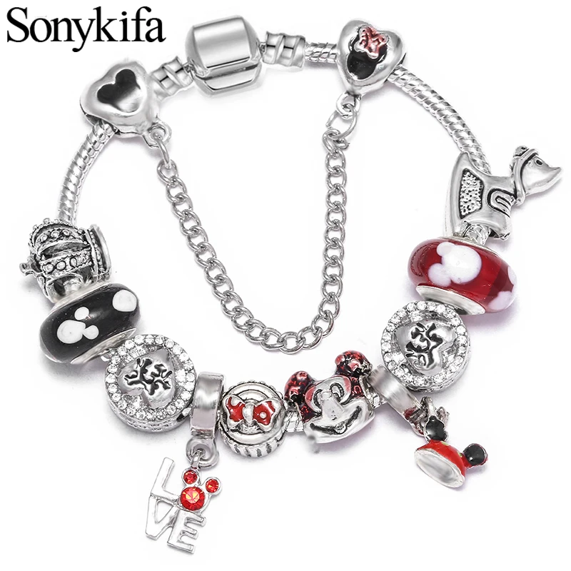 Sonykifa Серебряная подвеска в форме букв "Love" браслеты с подвесками женский браслет "сделай сам" с Микки Маусом эксклюзивный браслет ювелирные изделия подарок, прямые