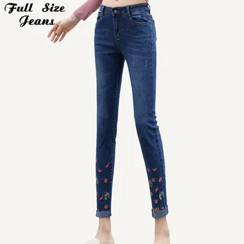 

Plus Size Floral Embroidery Skinny Women Jeans Roll Up Hem Ankle Length Denim Pants Summer High Waist Stretch Mom Trousers