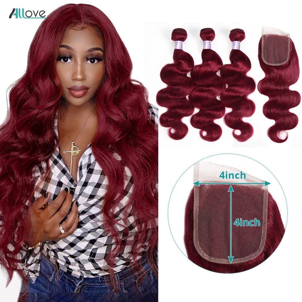 Buen trato Allove Color degradado cabello humano 3 mechones con cierre no Remy 99J rojo borgoña brasileño recto extensiones de cabello humano mechones con cierre oo3KMD3dxzb