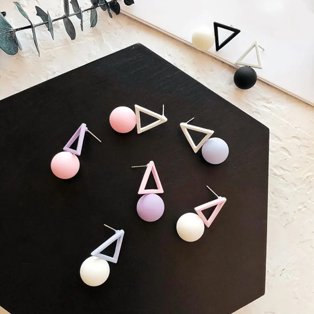 

Fashion Candy Color Women Triangle Round Ball Pendant Geometric Stud Earrings