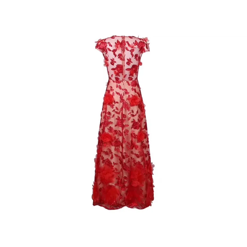 Red Women Evening Party Long Mesh Dresses Fashion Floral Sleeveless O-Neck Elegant Dress Female Celebrity Maxi Vestido