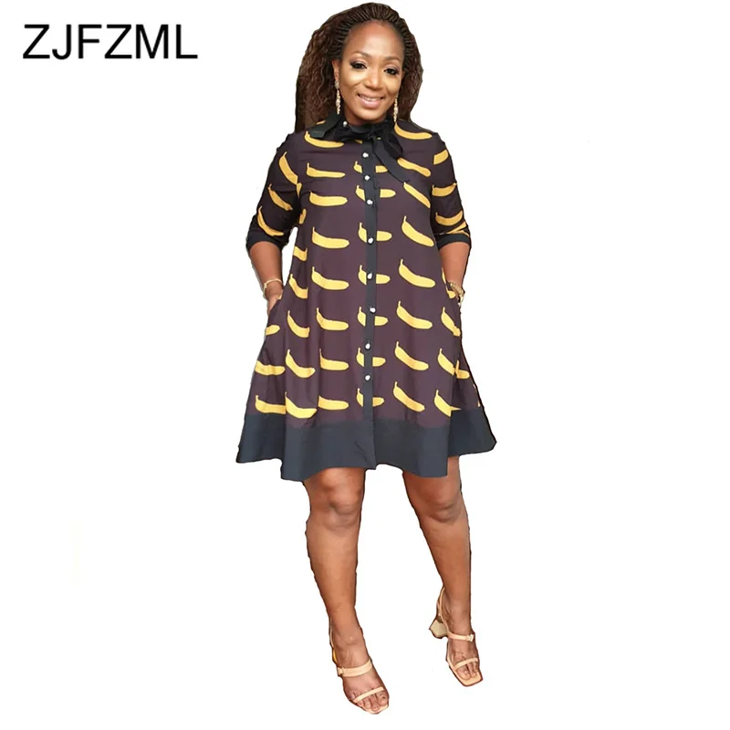 

Banana Print Elegant A-Line Dress Women Sexy Bow Collar Three Quarter Sleeve Loose Dress Office Lady Buttons Up Plus Size Dress