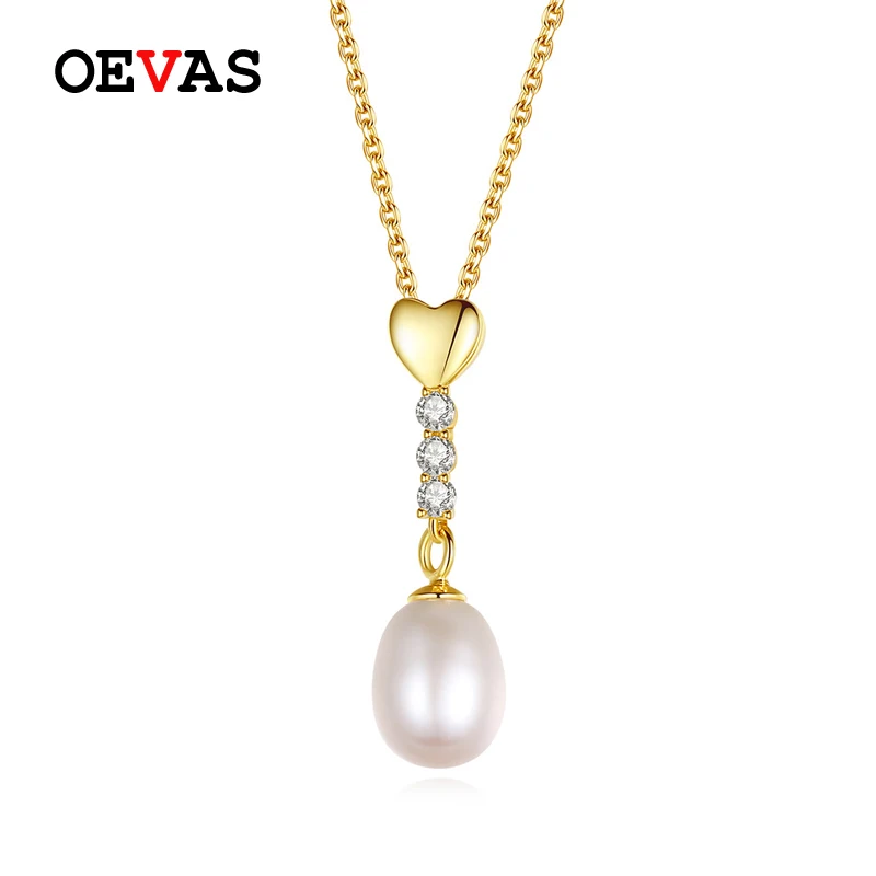 

OEVAS 100% 925 Sterling Silver Freshwater Pearl Pendant Necklaces For Women Top Quality Gold Color Heart Sparking Zircon Jewelry