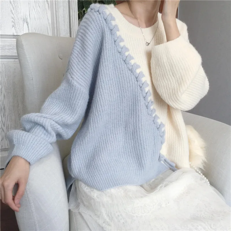 

2020 New, Knitwear, Autumn and Winter Women's Clothing, Fashion Casual Loose Pullover,Splicing Sweater,Lazy Wind Long Sleeve Top