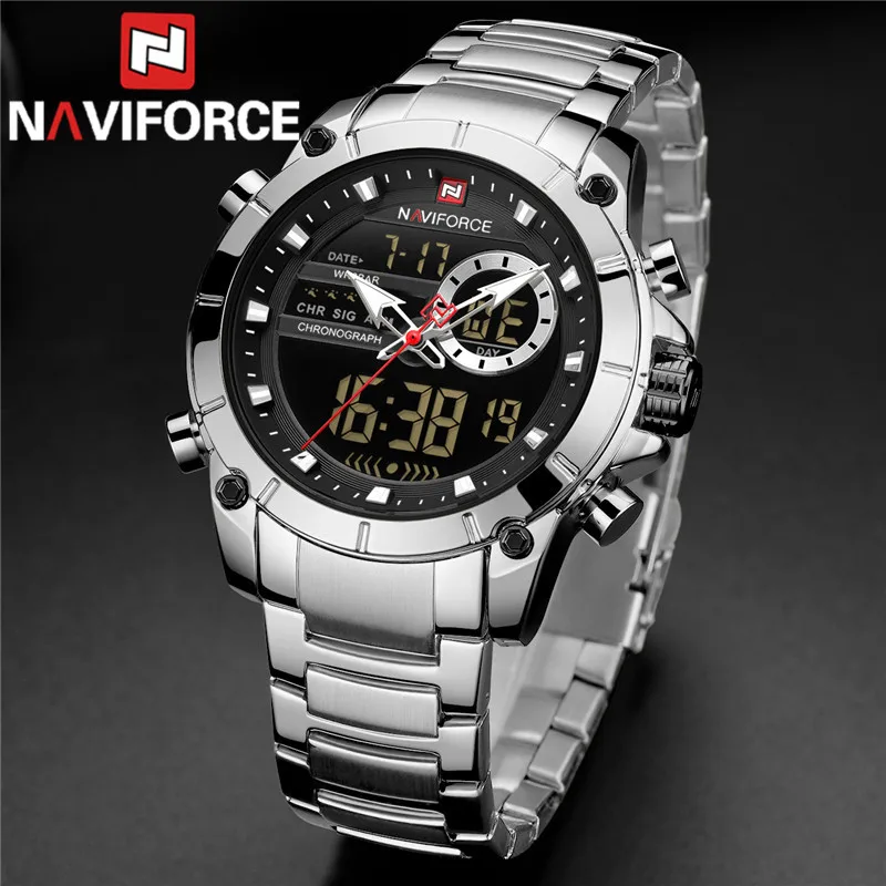 NAVIFORCE Топ бренд класса люкс мужские водонепроницаемые кварцевые цифровые светодиодные Мужские часы Военные Спортивные из нержавеющей стали мужские наручные часы 9163