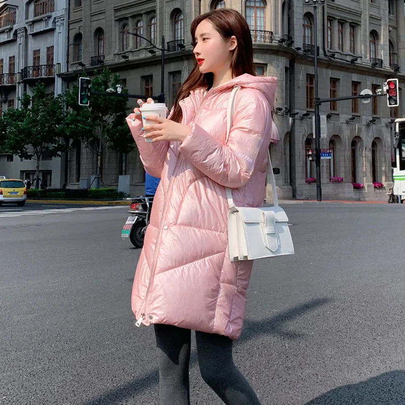 Корейские женские парки, зимняя длинная Теплая стеганая хлопковая Свободная Женская куртка, пальто, модные женские куртки в стиле пэчворк - Цвет: Розовый