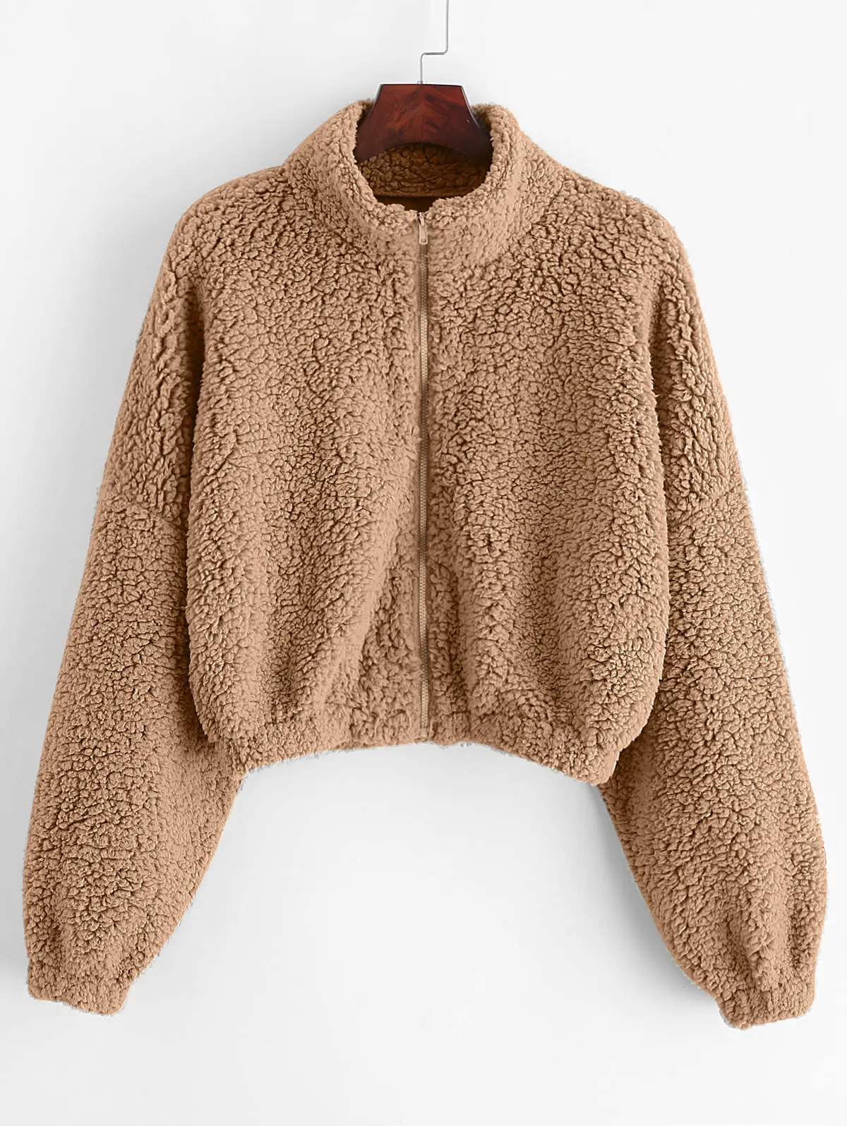 discounted ZAFUL Drop Shoulder Zip Up Teddy Coat Women Zipper Faux Fur Coat Stand-Up Collar Long Sleeve Fleece