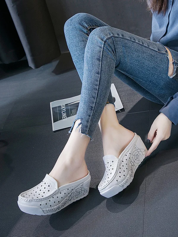 

Spring Summer Genuine Leather Closed-toe ban tuo xie Platform WOMEN'S Slippers Slanted Heel Fashion High Heels Sandals Women's T