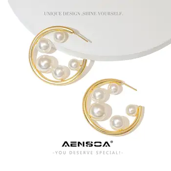 

AENSOA Gold Color Big Pearl Open Circle Hoop Earrings for Women Multi Pearls Hoops Earrings Minimalist Round Earrings Bijoux