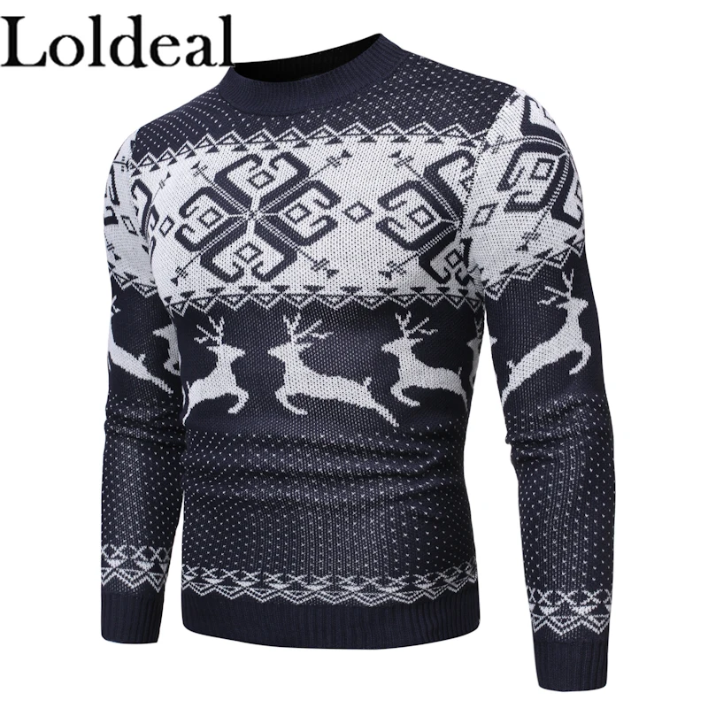 Loldeal Men Sweater Fashion Round Neck Long Sleeve Snowflake Deer Batik Slim Knit Loldeal Men Sweater Fashion Round Neck Long Sleeve Snowflake Deer Batik Slim Knit