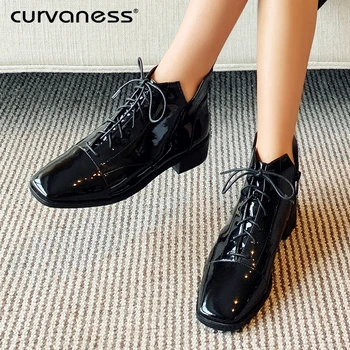 

Woman Boots Solid Western Lace-Up Cowboy Short Boots Genuine Leather Square Heels Winter Booties Woman 2019 Martin Boots