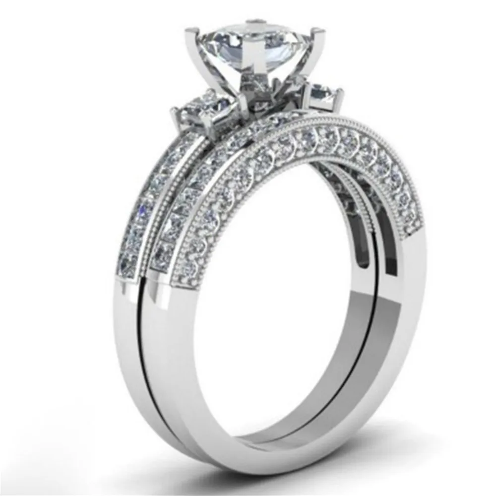 Princess Cut Cubic Zirconia Classic Wedding Rings for Women Men Stainless Steel Couple Band Anniversary Personalized Lovers Gift