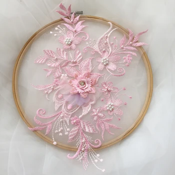 

7 Colors in stock 3d embroidered patch, wholesale price patches embroidered beading lace, children custume dress lace material