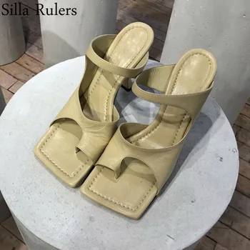 

Sexy Flip-flops Summer Square Toe Sandals Woman Genuine Leather High Heels Summer Shoes Woman Runway One Strap Mules Woman 2020